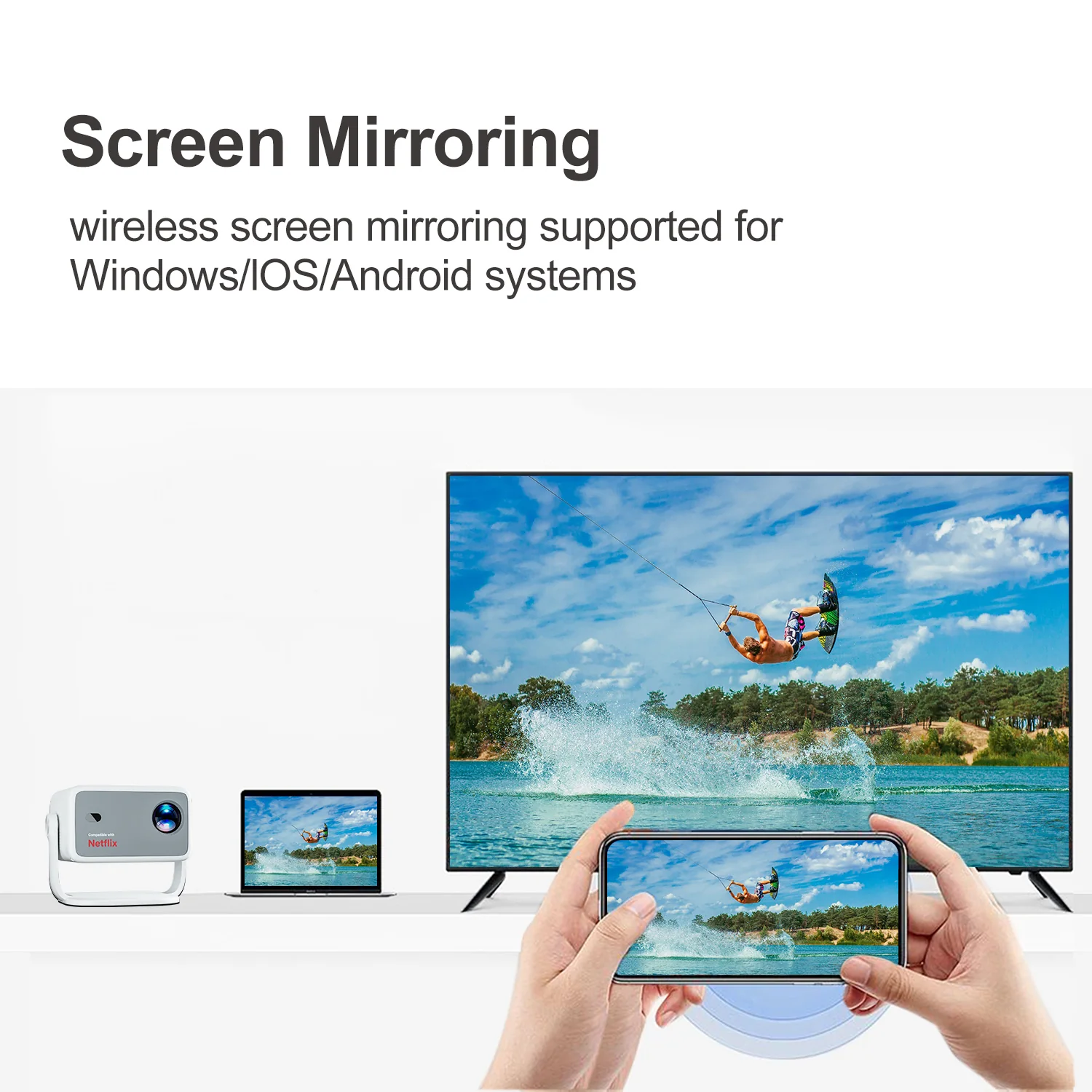 TP350 NTV 650 ANSI Netflix Smart Projector screen mirroring image for TOPLEO B2B buyers