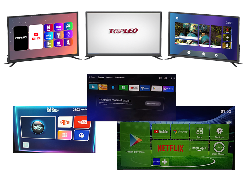 Custom Android TV launcher UI design with branded home screen interface