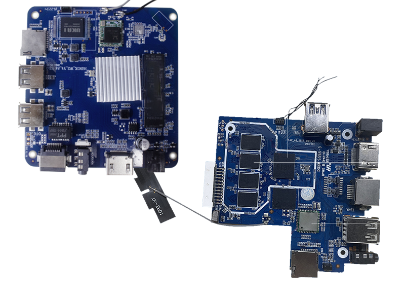 Close-up of custom PCB layout with chipset and electronic components for Android TV box