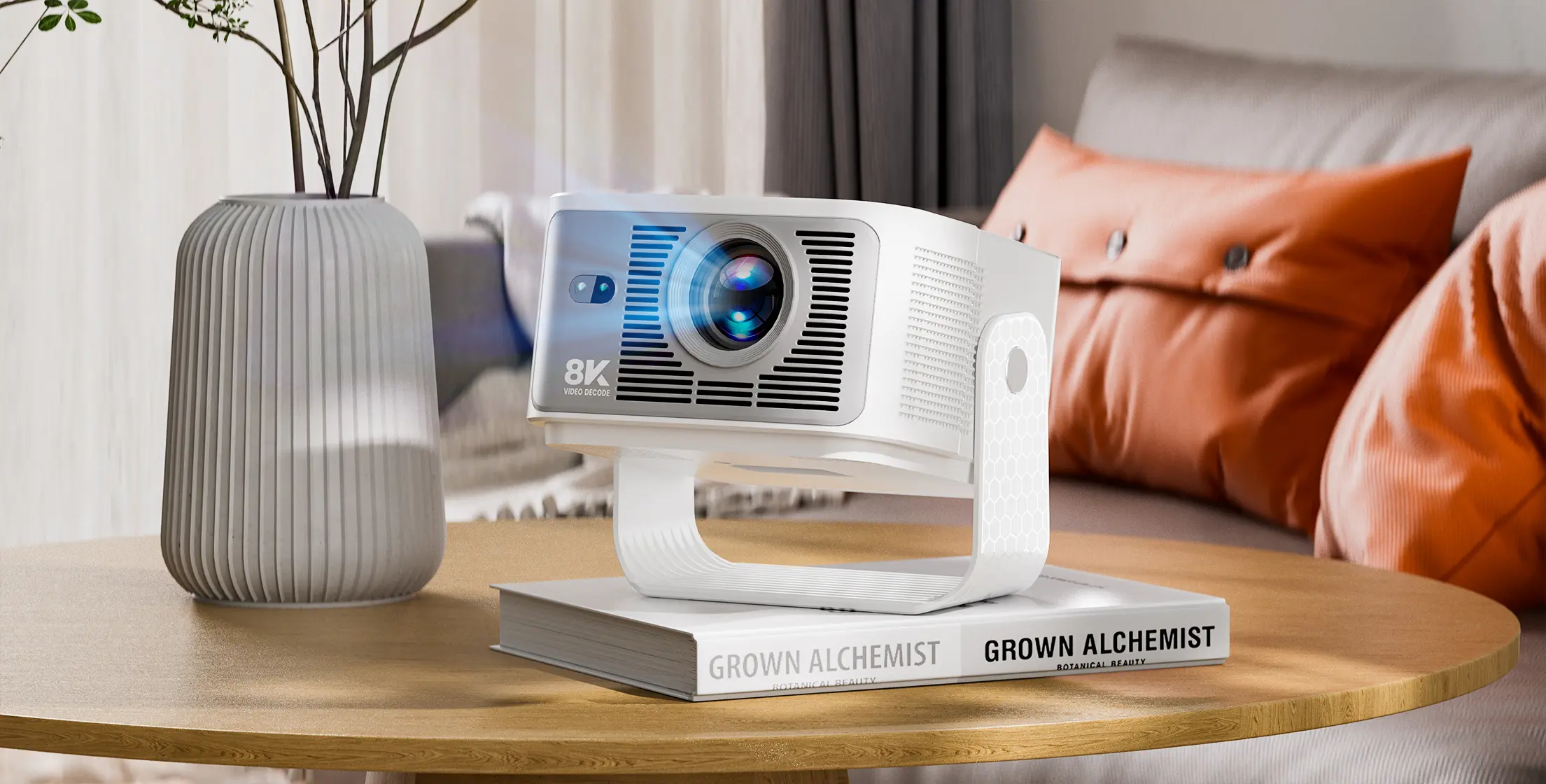 Home 10 HY350 MAX smart projector displayed on a table in a modern home setting