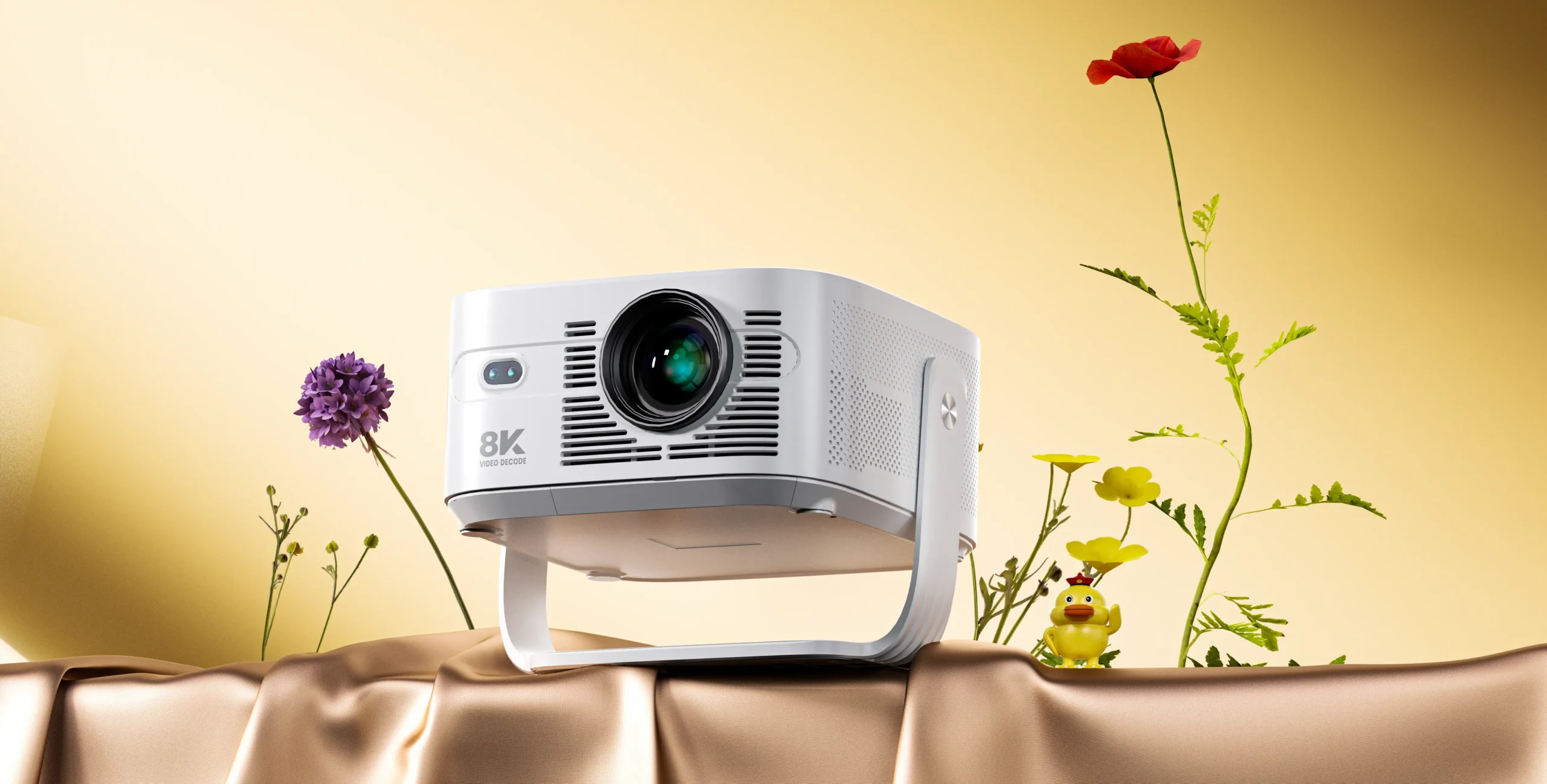 Home 8 HY450 MAX smart projector displayed in a warm modern lifestyle setting