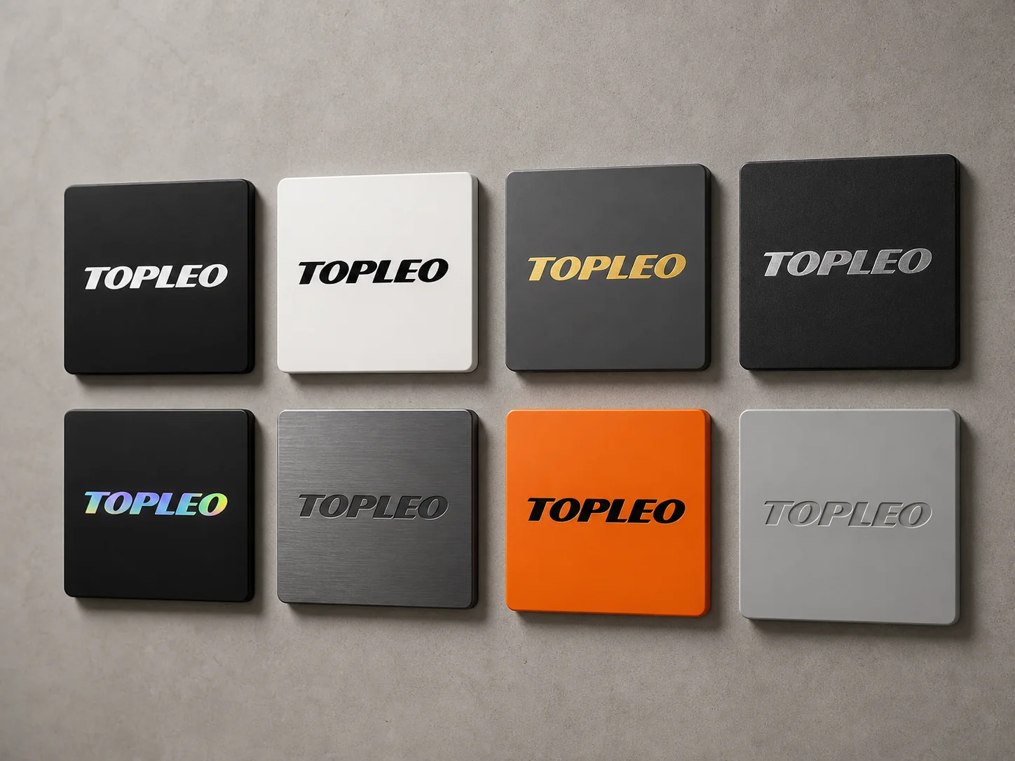 TOPLEO custom logo finishing samples in silkscreen, foil, laser engraving and embossed materials