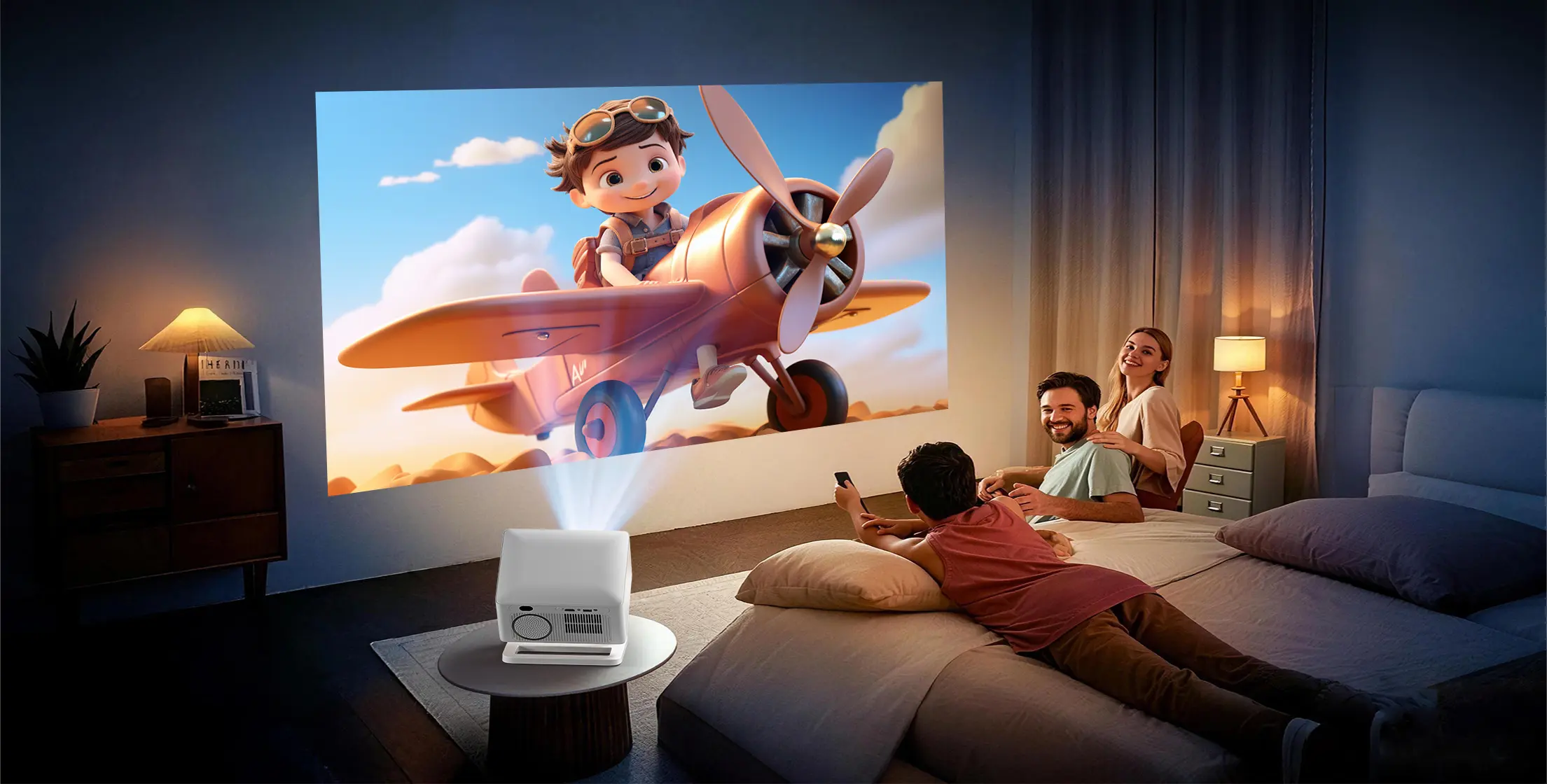 Home 7 TP400 1080P smart projector displaying a family movie in a home cinema setting