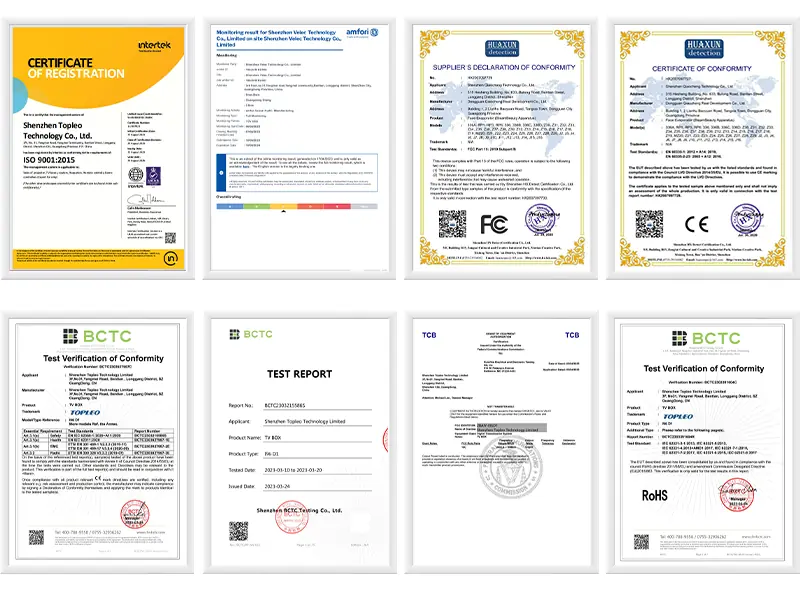 Topleo ISO 9001 BSCI CE LVD EMC RoHS FCC certification wall